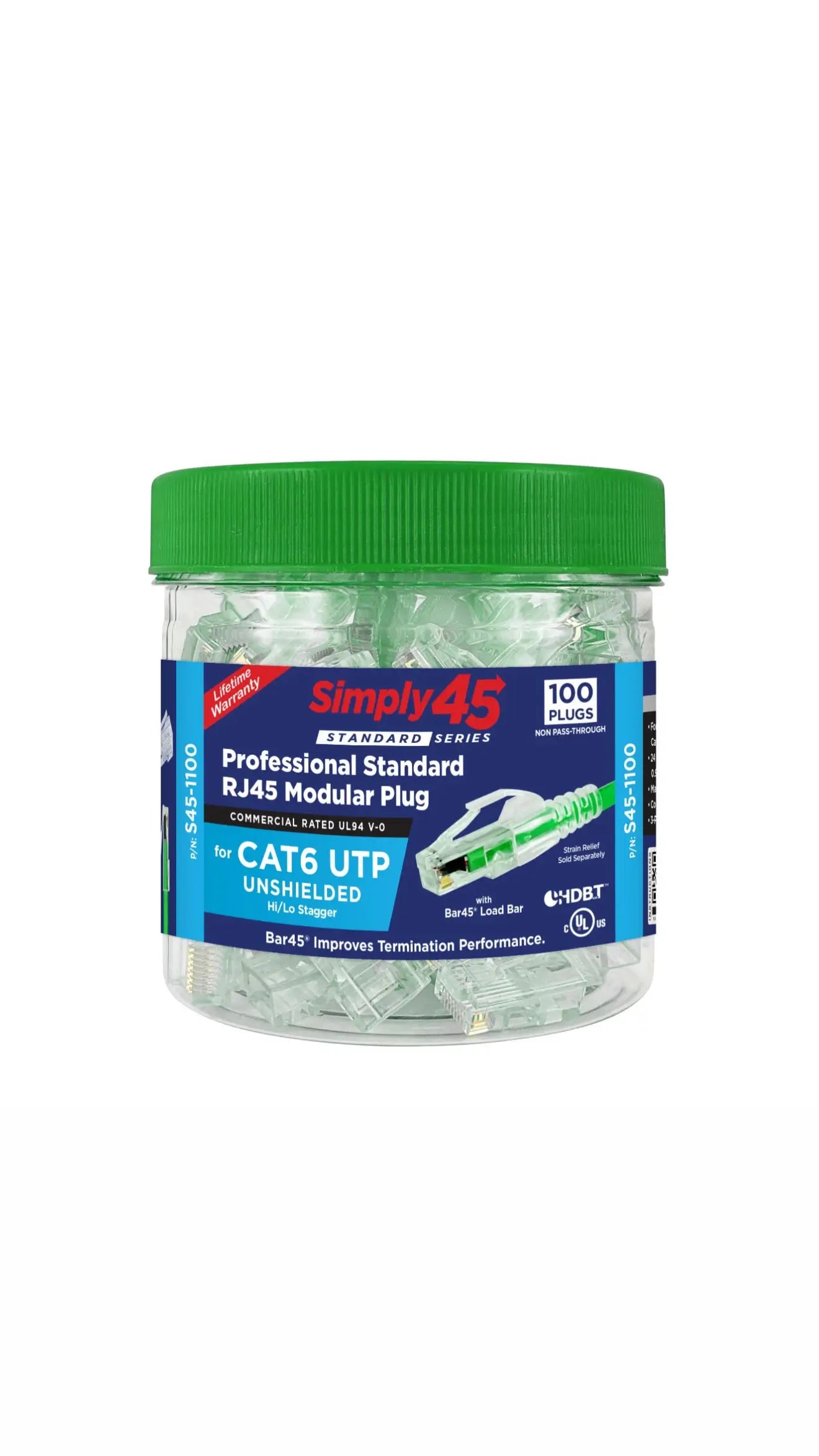 SIMPLY45 CAT6 UTP PASS THROUGH RJ45 MODULAR PLUGS, GREEN TINT: 100 PIECE JAR Go Simply Connect